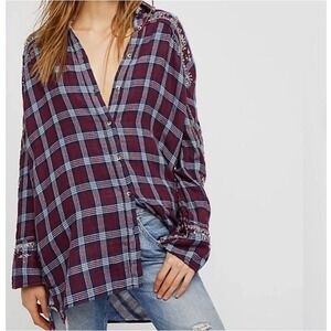 Free People Downtown Romance Embellished Plaid Buttondown LS Shirt, Burgundy,M